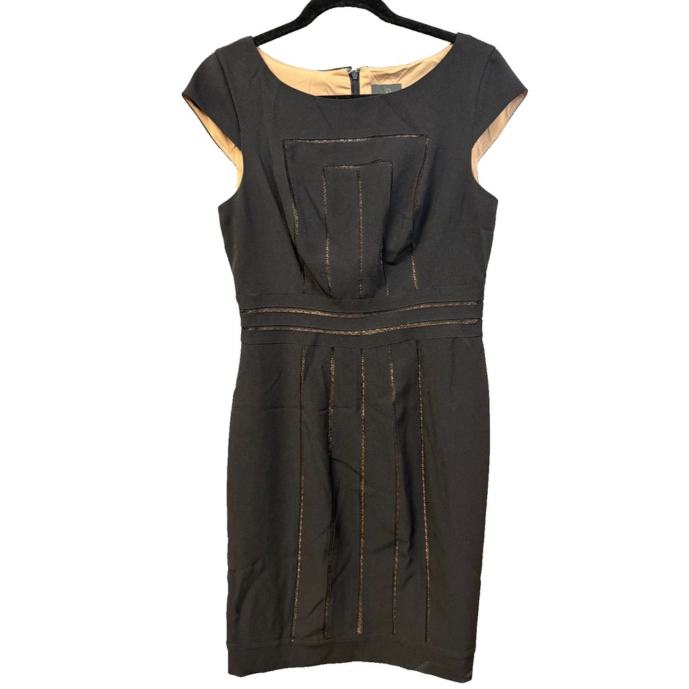 Adrianna Papell Black Sheath Dress Cap Sleeve Ladder Lace Detail Size 8 Womens